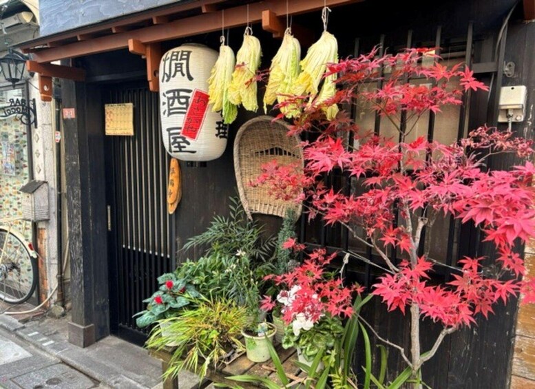 A traditional Japanese storefront with hanging yellow goods, a sign with Japanese characters, and a red maple tree in front. 3