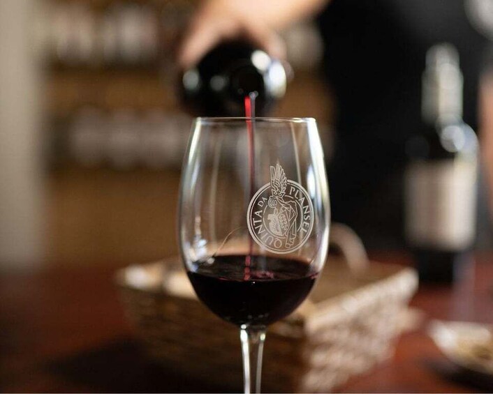 A wine glass with a logo, filled with red wine, and a bottle in the background. 3