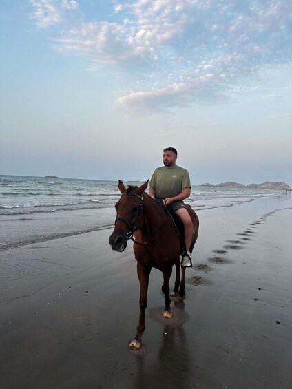 A person riding a horse on a beach with the ocean and distant islands in the background. 2