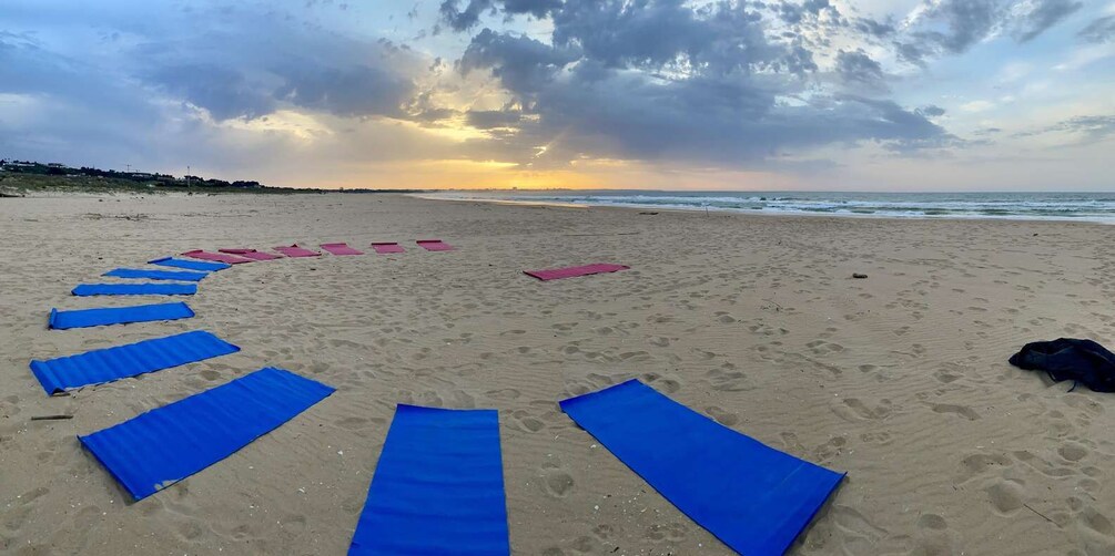 A beach with blue and pink mats arranged in a semi-circle. 1