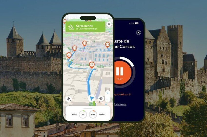 A smartphone displaying a map with a castle and a castle guide. 1