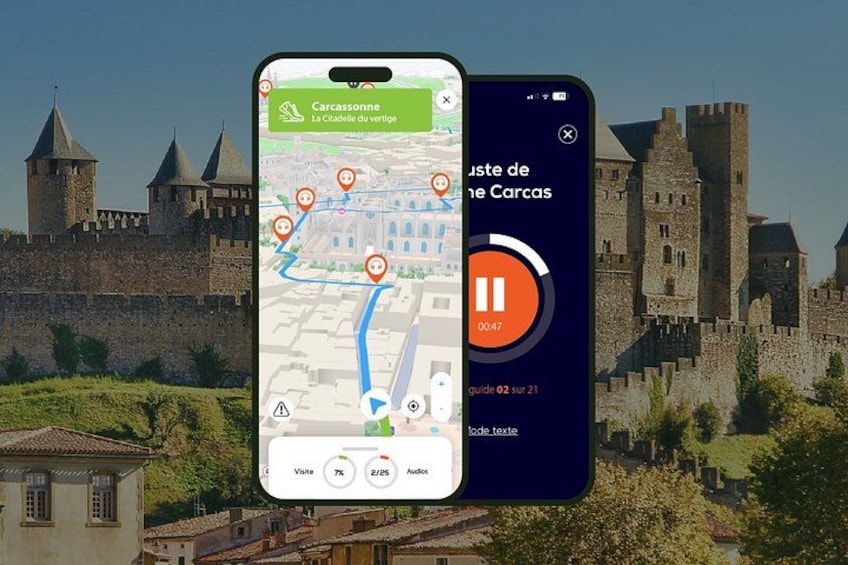 A smartphone displaying a map with a castle and a castle-themed audio guide. 1