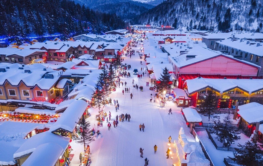 A snow-covered village with buildings and a central street. 2