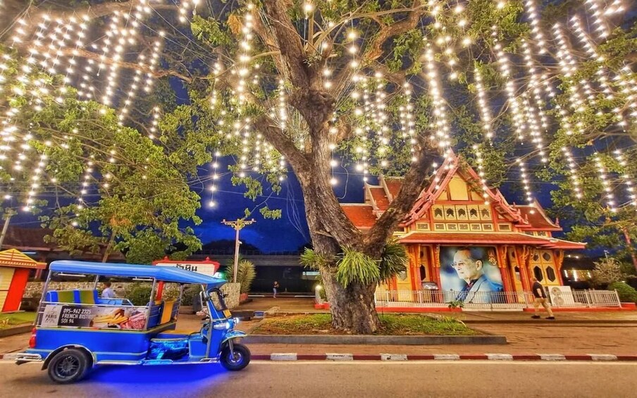 A tree decorated with lights, a tuk-tuk, and a building with a mural. 1