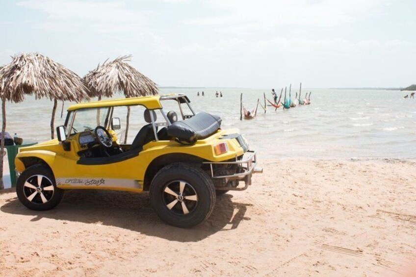 A yellow off-road vehicle parked on a sandy beach with palm trees and people in the water in the background. 2
