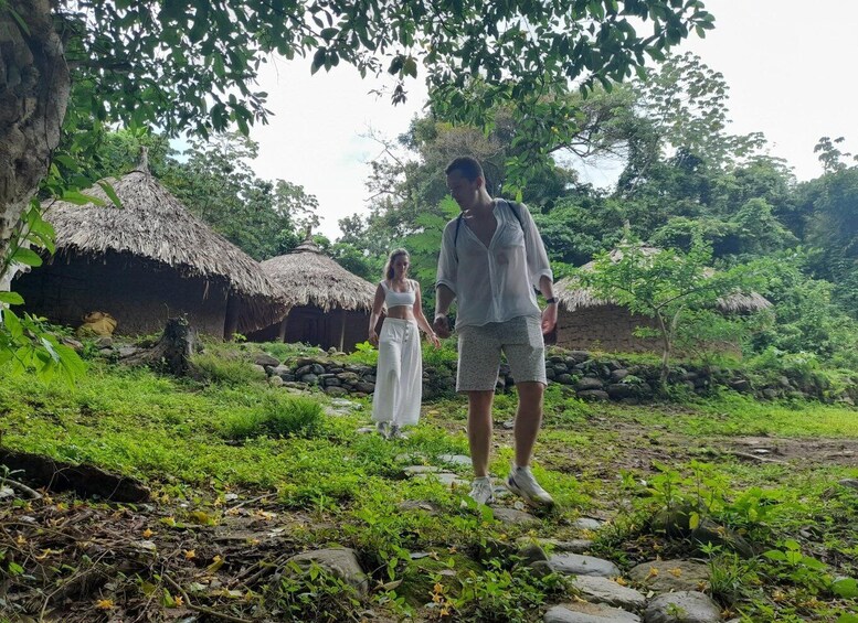 A person walking on a stone path in a lush, green area with thatched-roof huts. 2