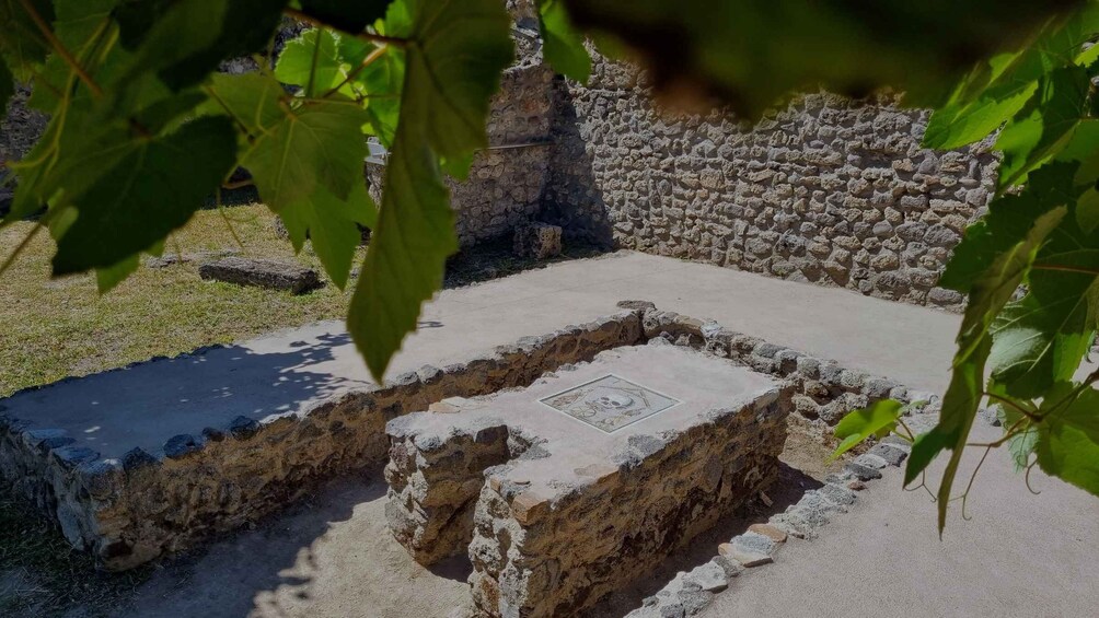 An archaeological site with stone walls and a paved area with a square marked by a symbol. 2