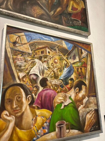 A painting of a bustling market scene with people and a large green bottle. 5