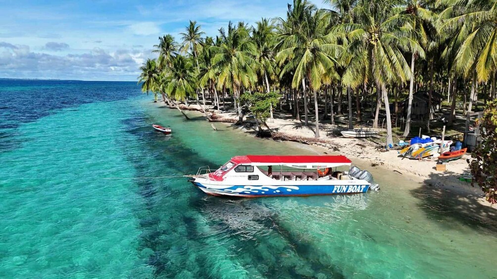 A clear turquoise sea with a boat named 'FUN BOAT' anchored near a sandy beach lined with palm trees. 3