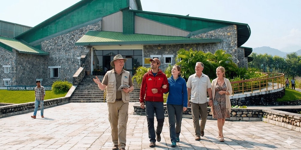 A group of people walking in front of a building with a stone facade and a green roof. 1