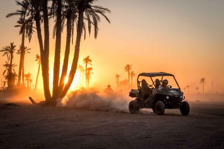 A desert landscape with palm trees and a vehicle. 3