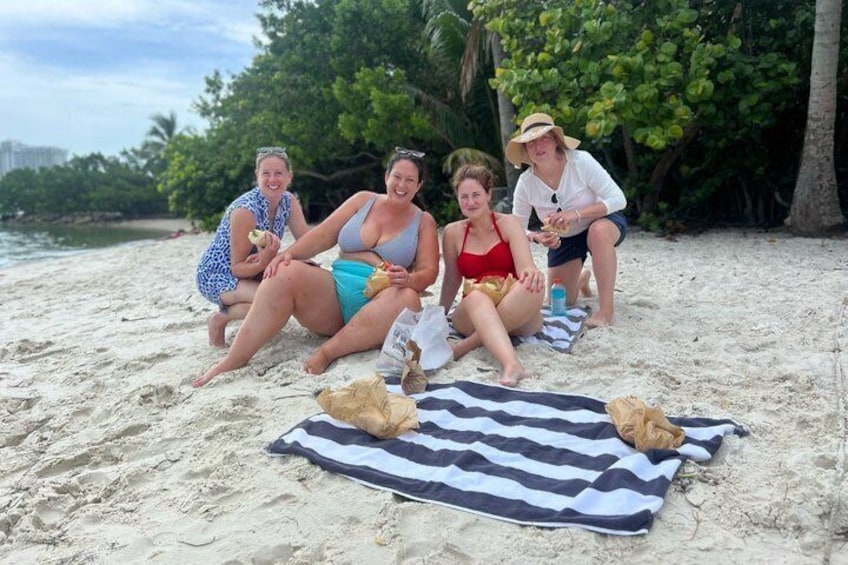Four people sitting on a beach with a striped towel and a dog. 5