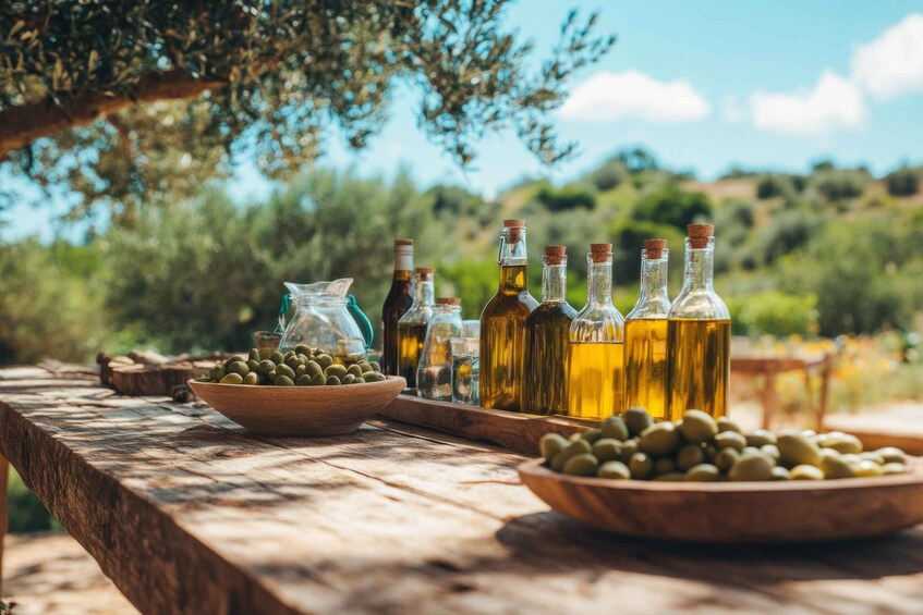 Olive oil bottles and green olives on a wooden table outdoors. 2