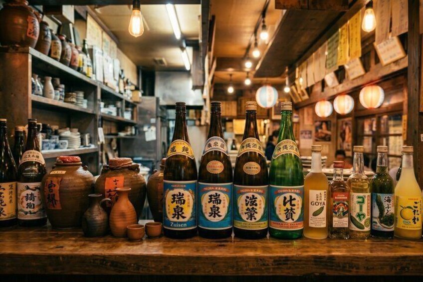 A variety of bottles with labels, some with Japanese characters, and traditional pottery on shelves in a store. 1