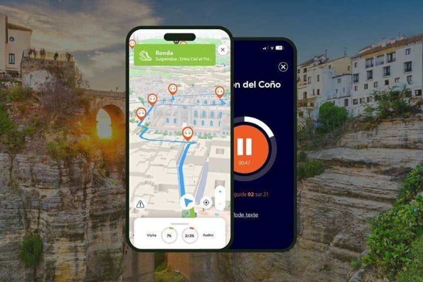 A smartphone displaying a map with a route marked by orange pins, a play button, and a timer indicating 00:47. 1