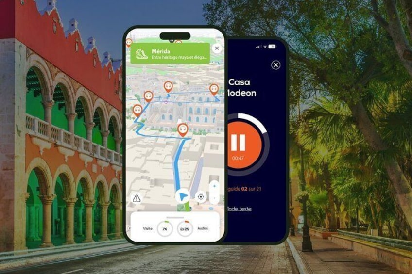 A smartphone displaying a map with a location marker, a guide number, and a play button. 1
