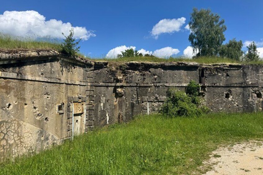 A weathered concrete wall with holes, a small door, and grass in the foreground. 2