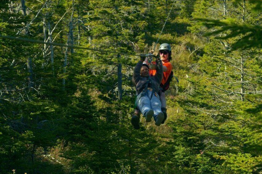 Two people suspended in mid-air, likely engaged in zip-lining, surrounded by dense forest. 5