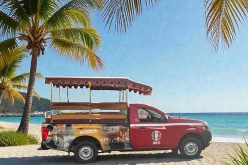 A red pickup truck with a wooden bench and a canopy parked on a beach with palm trees and the ocean in the background. 3