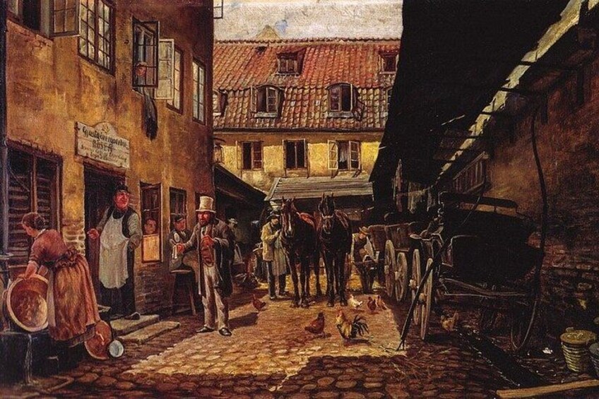 A cobblestone street with buildings, a horse-drawn carriage, and people. 4