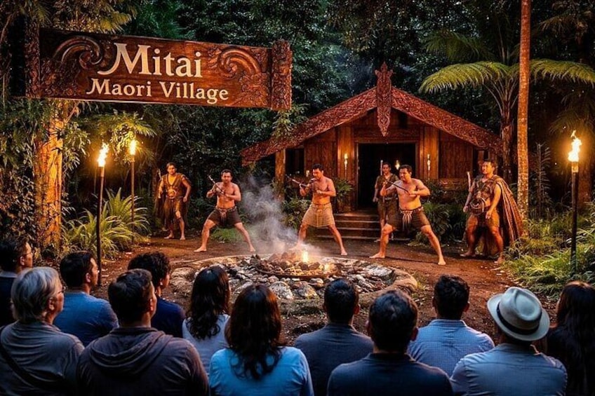 A stage with performers in traditional attire, a sign reading 'Mitai Maori Village,' and an audience watching. 3
