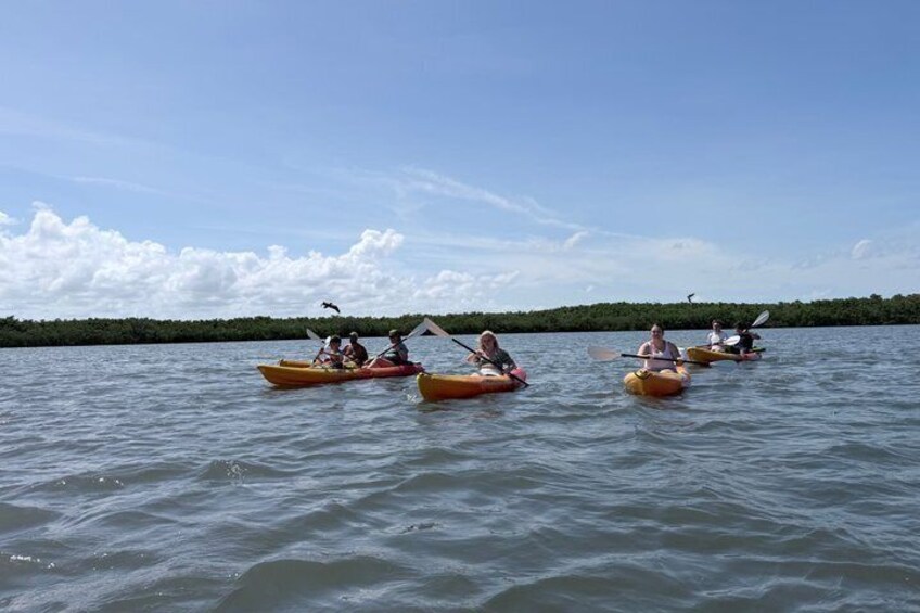 People kayaking on a calm lake with a clear sky. 4