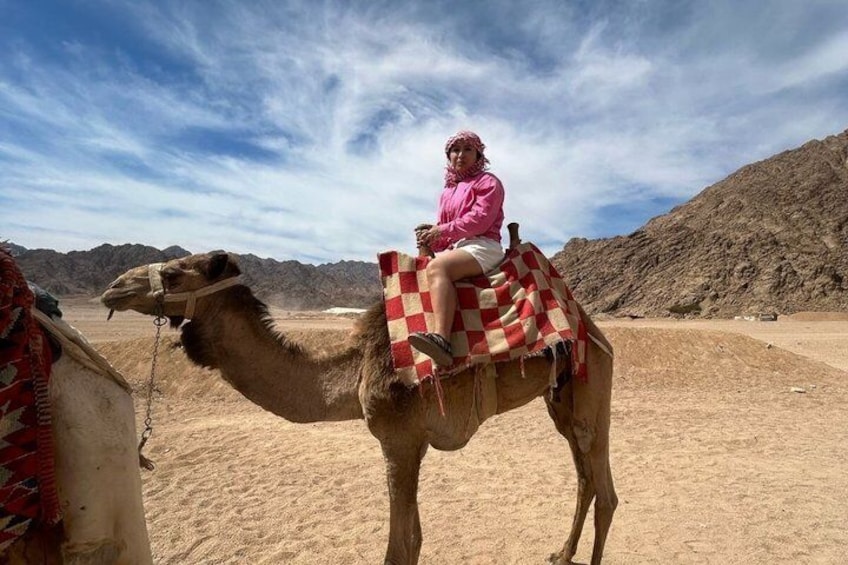 A person riding a camel in a desert landscape with mountains in the background. 5