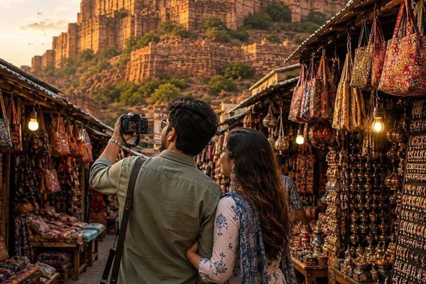 A market with colorful bags and jewelry stalls, with a mountainous backdrop. 5