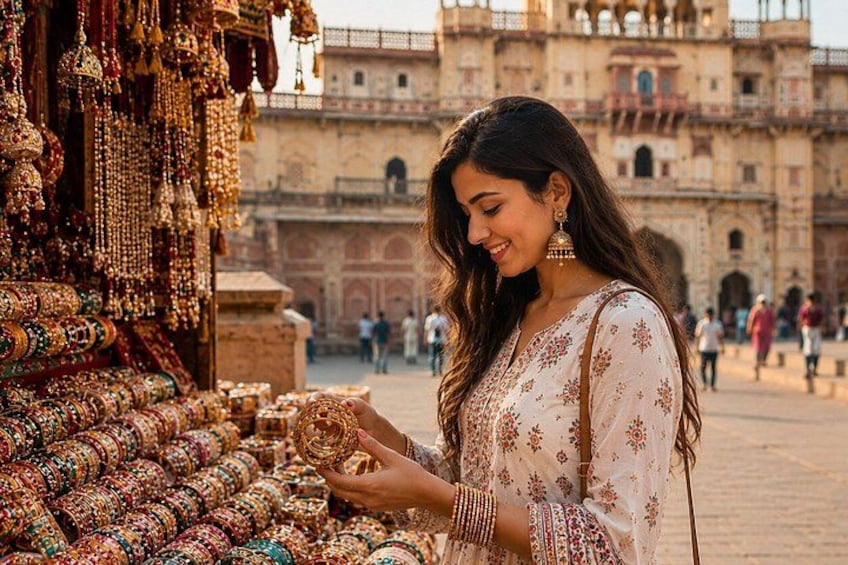 A person examining jewelry at a market stall with a historic building in the background. 2