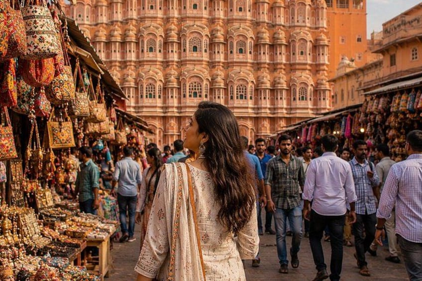A bustling market with colorful bags and a grand palace in the background. 4