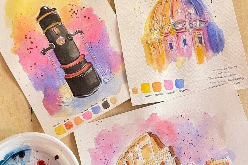 Watercolor paintings of a telescope and a building with color swatches below. 2