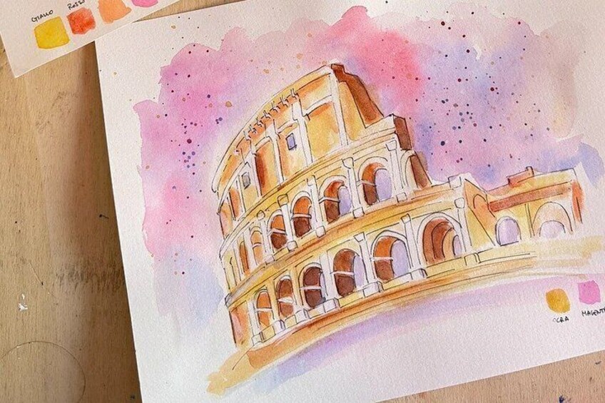A watercolor painting of the Colosseum with a pink and purple background. 5