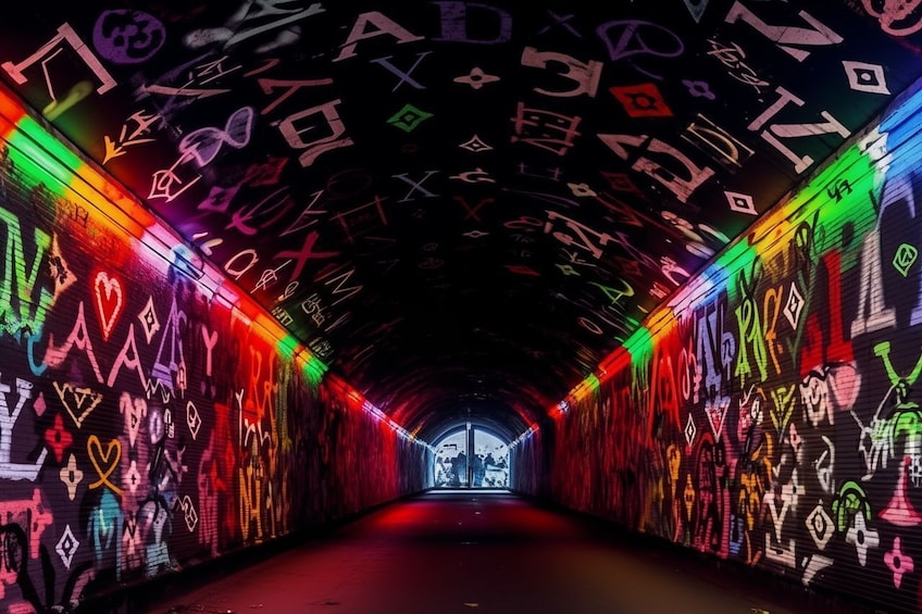 Un tunnel dont les murs et le plafond sont recouverts de graffitis colorés. 5