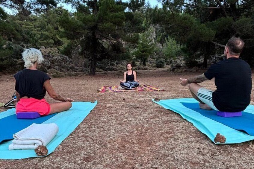 Three people meditating on blue mats in a forested area. 1