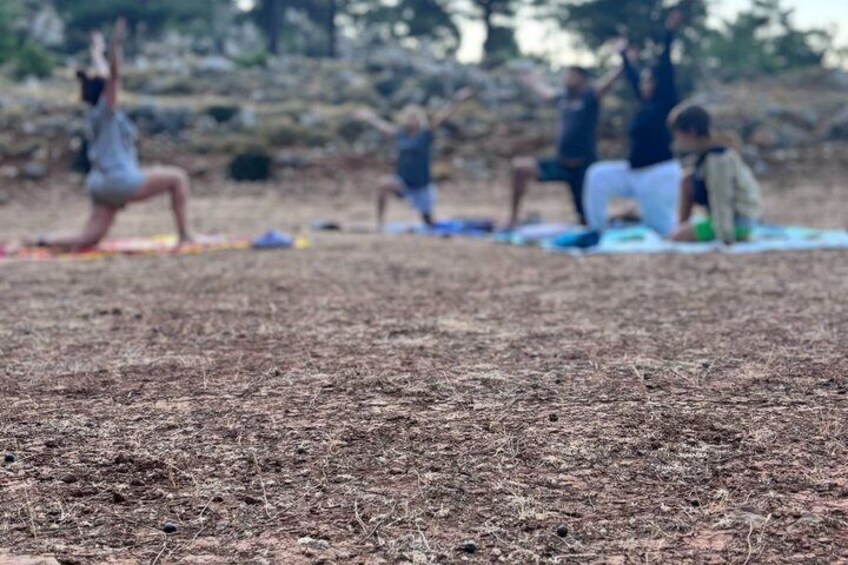 A group of people practicing yoga on mats in an outdoor setting with dry grass and trees in the background. 2