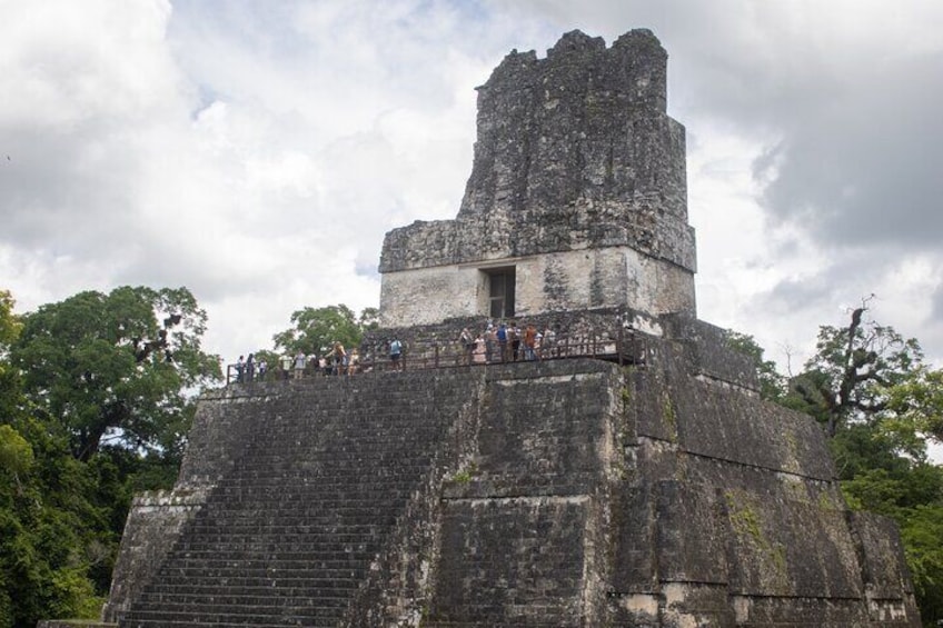 A large ancient pyramid with a staircase leading to the top, surrounded by trees. 5