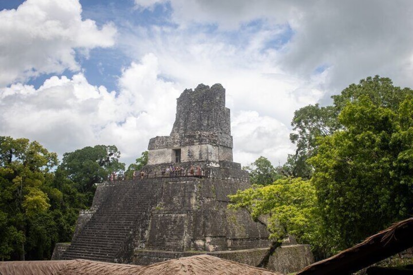 A large ancient pyramid with a staircase leading to the top, surrounded by lush green trees. 4