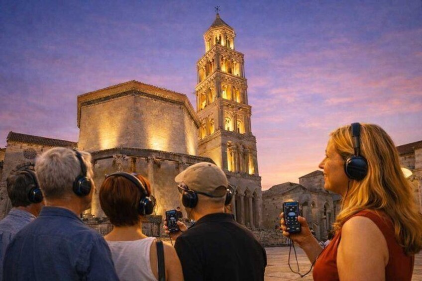 A group of people observing a historic building with a prominent tower. 2