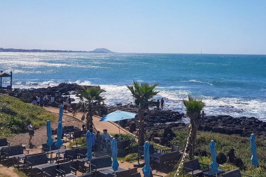 A coastal beach with rocky terrain, palm trees, and beach chairs. 2