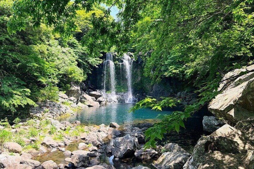A waterfall in a forested area with rocks and a clear pool. 5