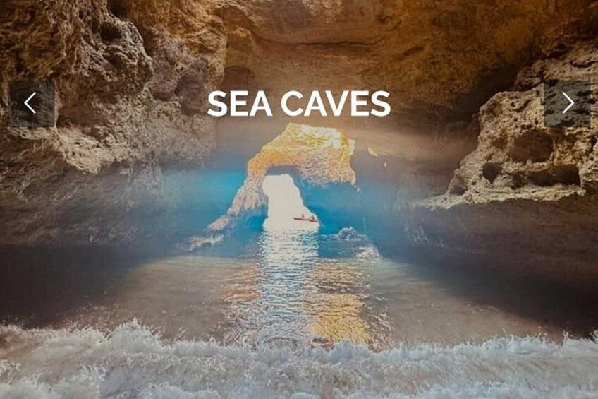 A cave with water, a rock formation, and the text 'SEA CAVES'. 5