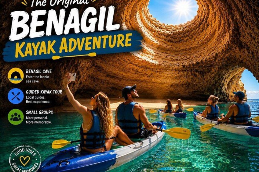 A Benagil cave with people kayaking. 1