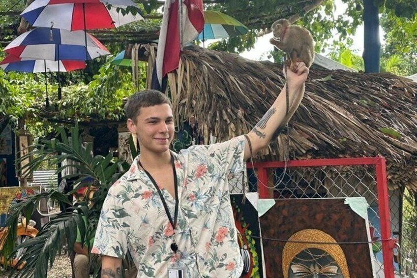 A person holding a monkey in a tropical setting with a thatched-roof structure and colorful umbrellas. 1