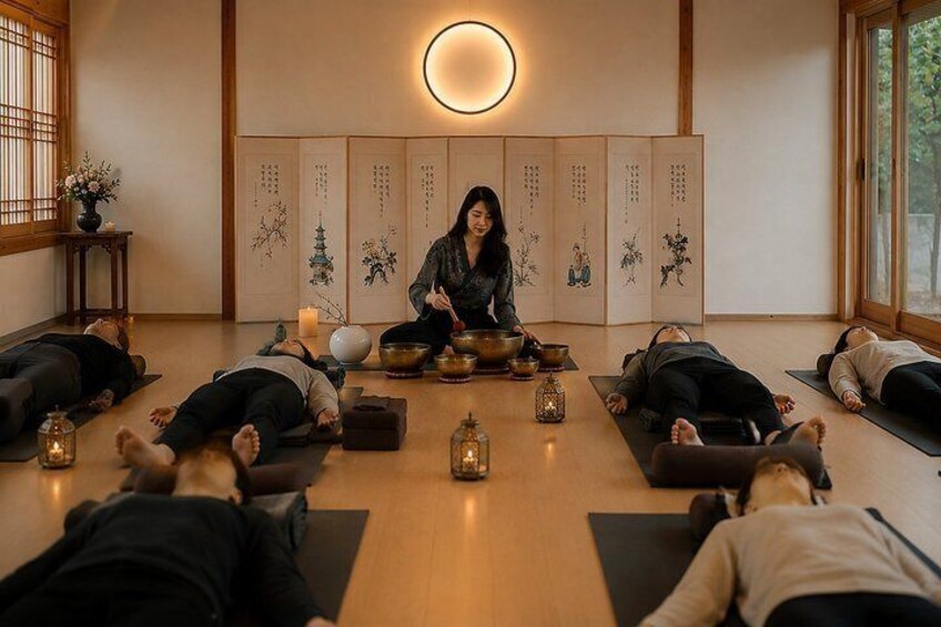 A group of people in a room with tatami mats, a central figure meditating, and traditional Japanese decor. 3