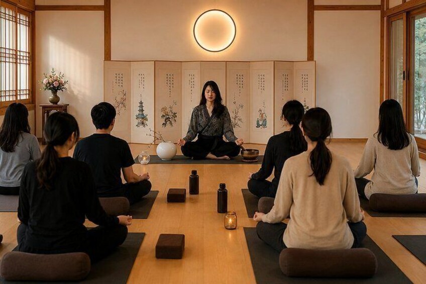 A group of people sitting on mats in a room with tatami flooring, a shoji screen, and a circular light fixture. 2