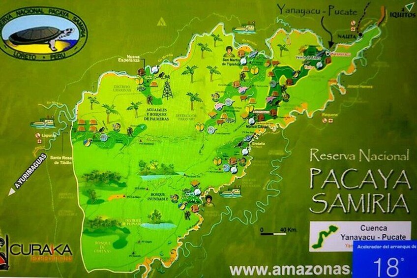 A map of Reserva Nacional Pacaya Samiria with marked locations like Santa Rosa de Tingo and Curaka. 2