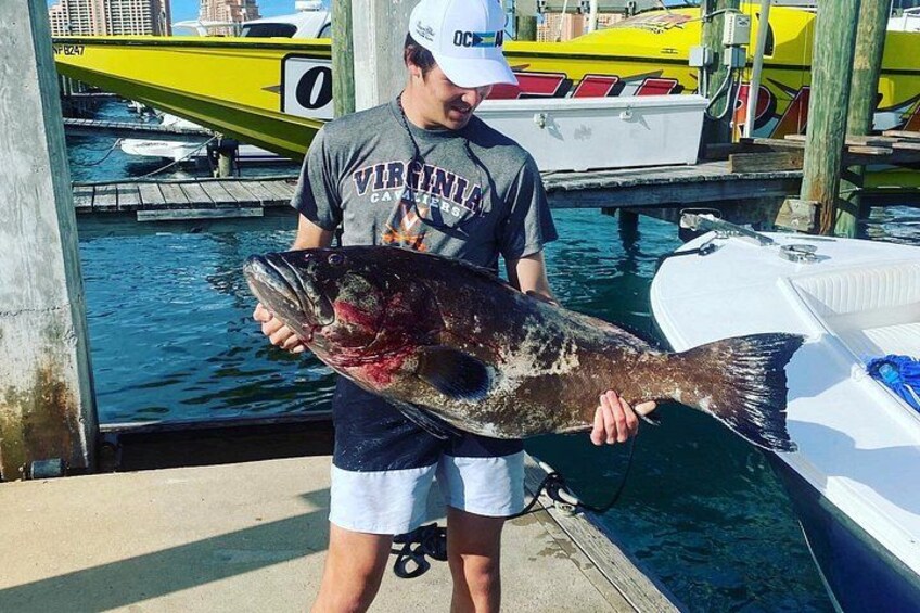 A person holding a large fish at a dock with boats in the background. 5
