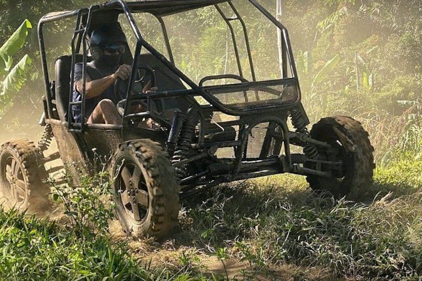 A person driving a four-wheeled off-road vehicle through a grassy area with trees in the background. 1