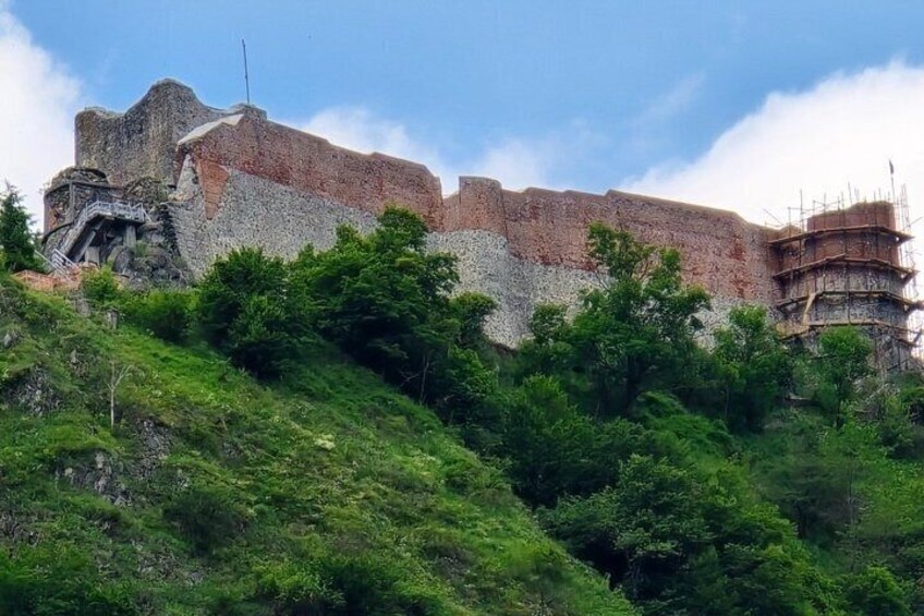 A historic stone fortress with a watchtower, surrounded by lush greenery. 2