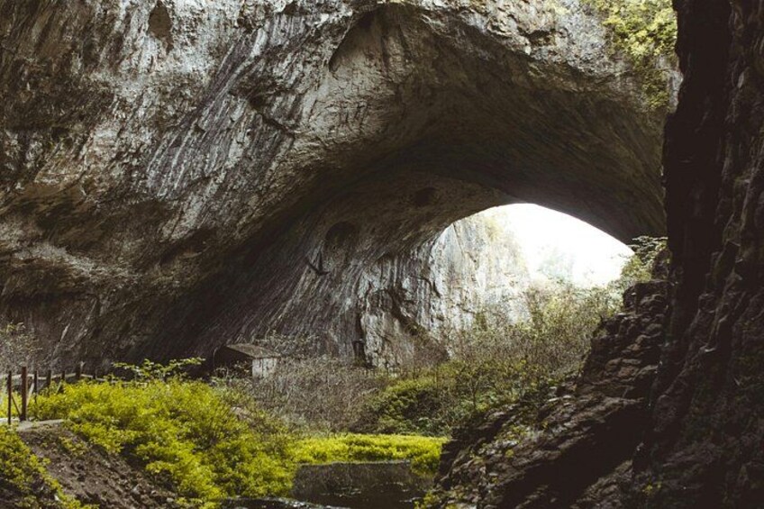 A natural rock arch formation with greenery at its base. 2